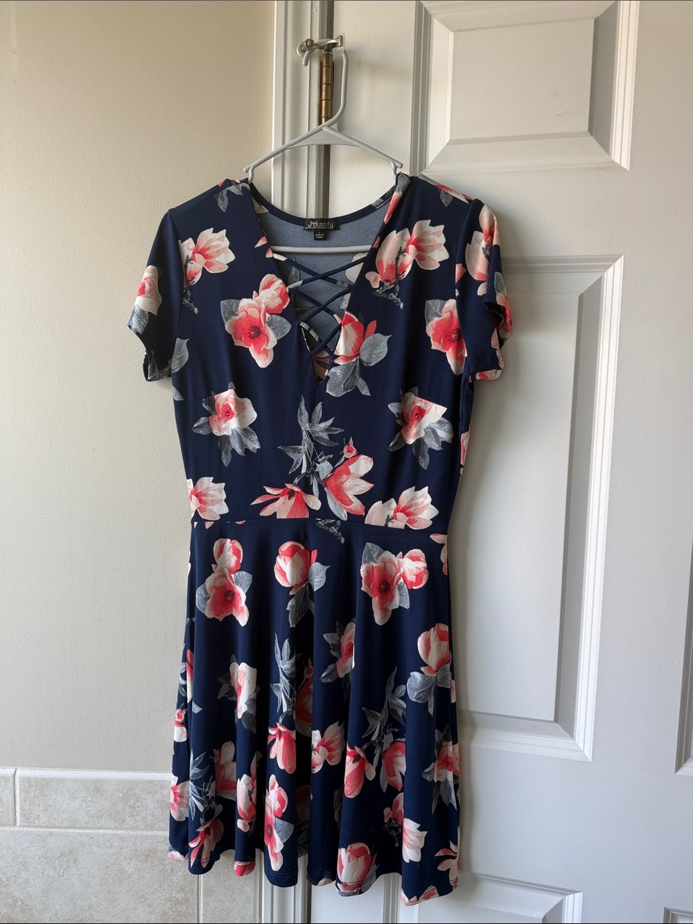 Navy Floral Lace-Up Skater Dress